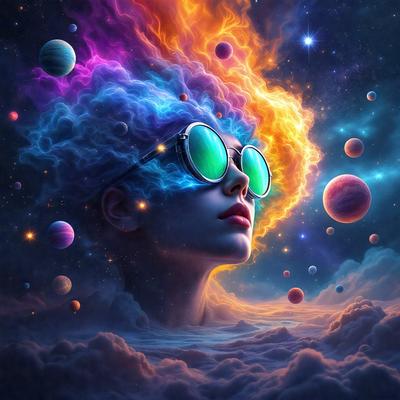 The primary subject of the image is a woman with sunglasses and a colorful, flowing hair. She is wearing a pair of green sunglasses and is surrounded by a vibrant, colorful background. The visual style of the image is digital art, and the colors and mood are lively and energetic.